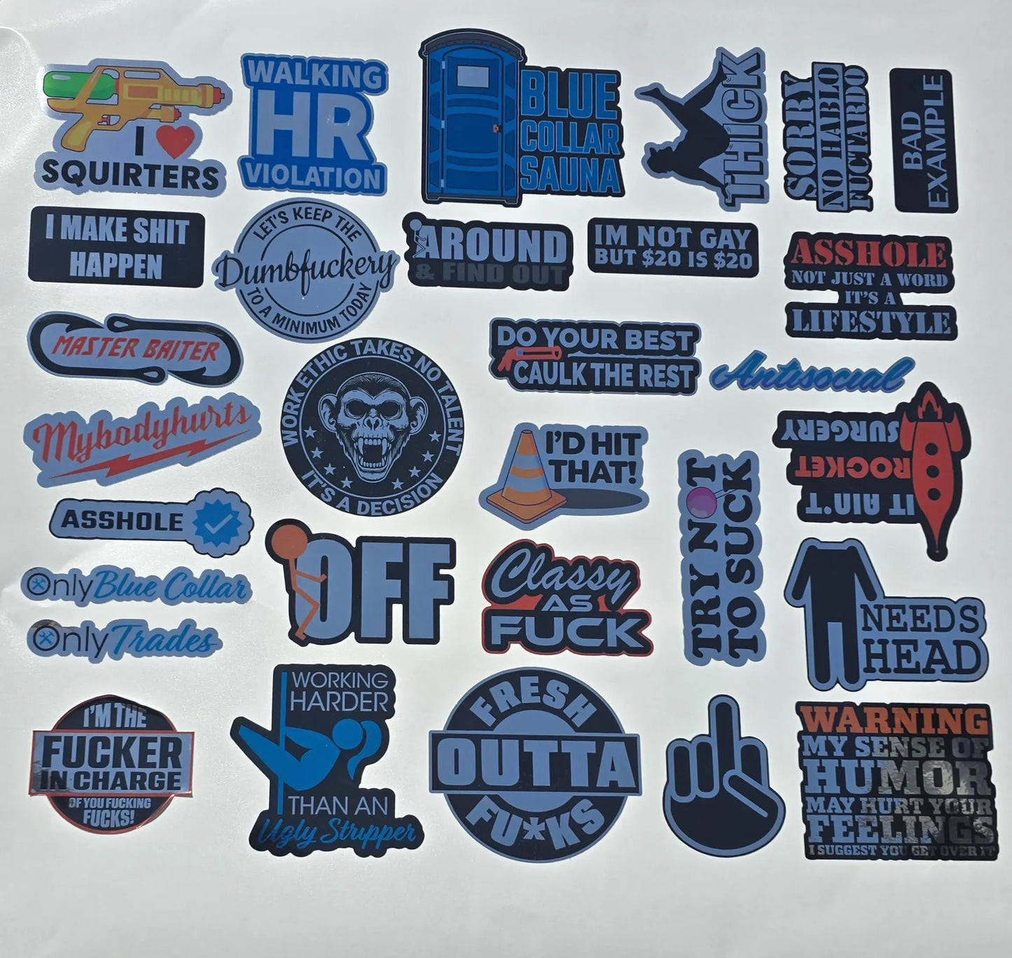 Chrome Hard Hat Stickers for Adults - 30 Pcs, Funny (Dirty) for Water Bottle, Laptop, Helmet, Cars, Tool Box, Cars - Blue Collar Stickers for Men, Waterproof Galvaleos