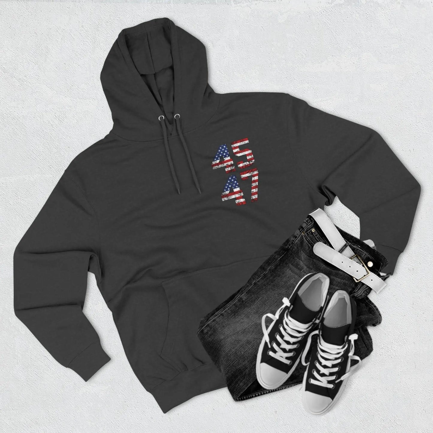 45 47 President Trump Three-Panel Fleece Hoodie - Galvaleos