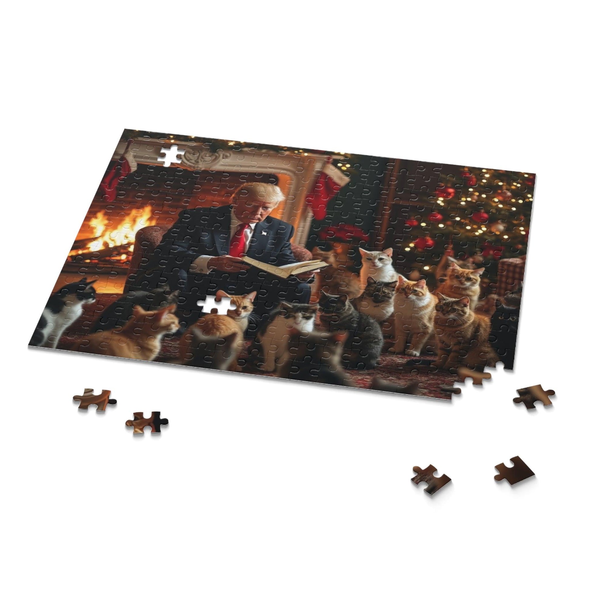 Jigsaw Puzzle, Trump Reading a Christmas Story to Cats Puzzle, 120, 252, 500 Piece Game Gift Set, Holiday Activity, Stress Relief - Galvaleos Galvaleos Galvaleos 10" × 8" (120 pcs) Printify Puzzle Jigsaw Puzzle, Trump Reading a Christmas Story to Cats Puzzle, 120, 252, 500 Piece Game Gift Set, Holiday Activity, Stress Relief