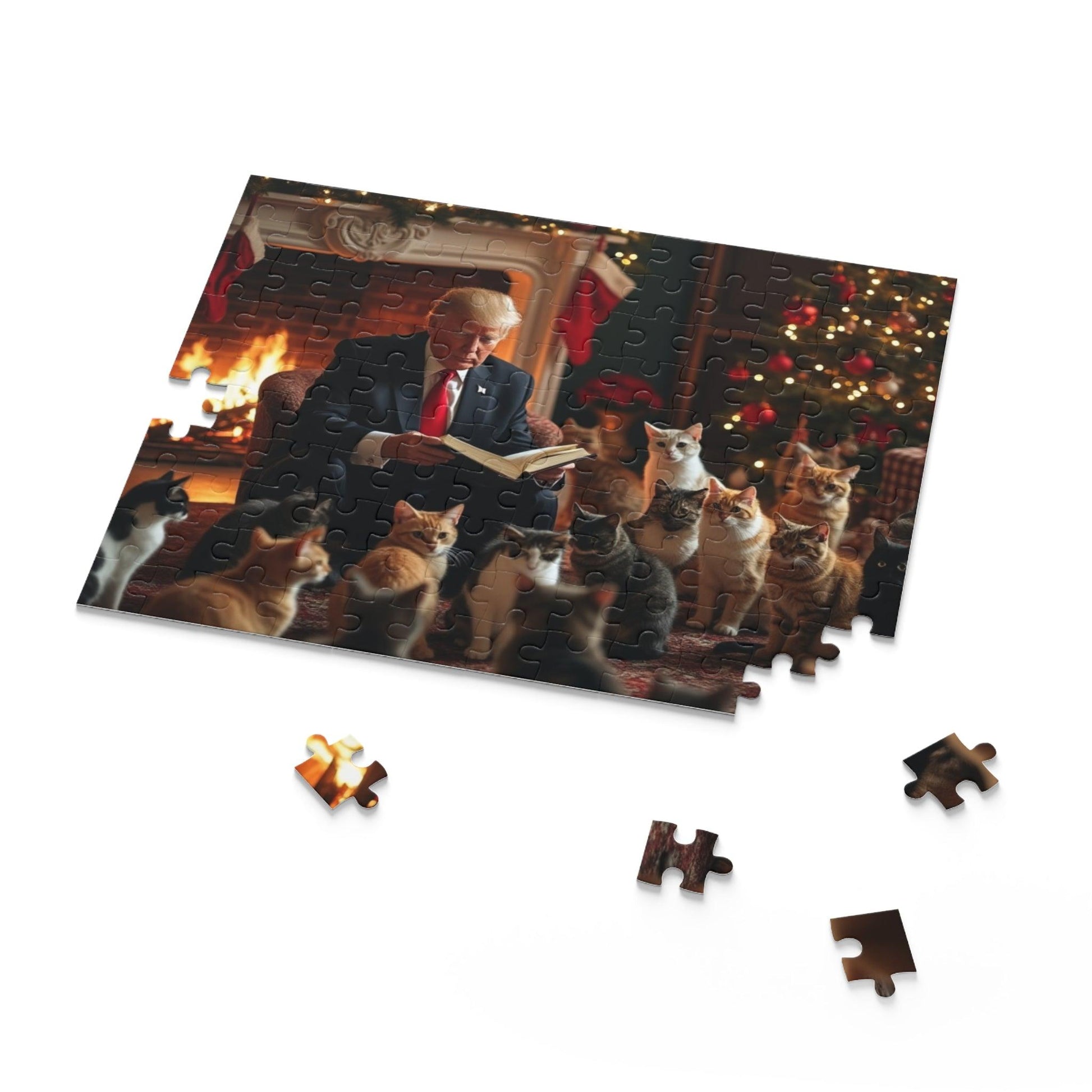 Jigsaw Puzzle, Trump Reading a Christmas Story to Cats Puzzle, 120, 252, 500 Piece Game Gift Set, Holiday Activity, Stress Relief - Galvaleos Galvaleos Galvaleos 10" × 8" (120 pcs) Printify Puzzle Jigsaw Puzzle, Trump Reading a Christmas Story to Cats Puzzle, 120, 252, 500 Piece Game Gift Set, Holiday Activity, Stress Relief