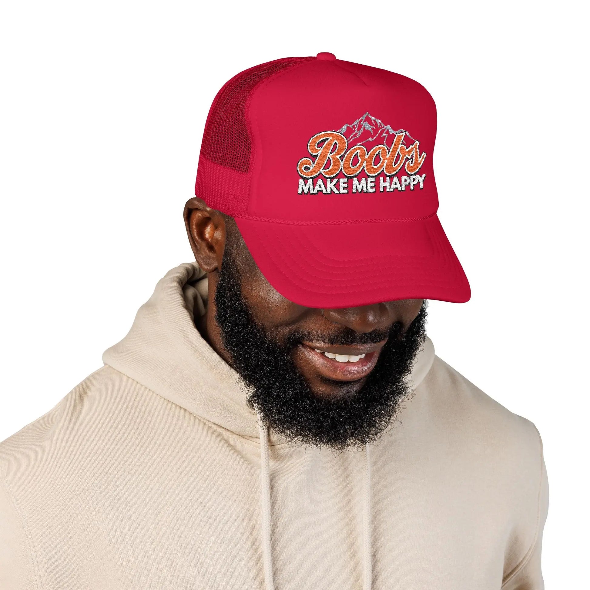 Boobs Make Me Happy Embroidered Trucker Hat Printify