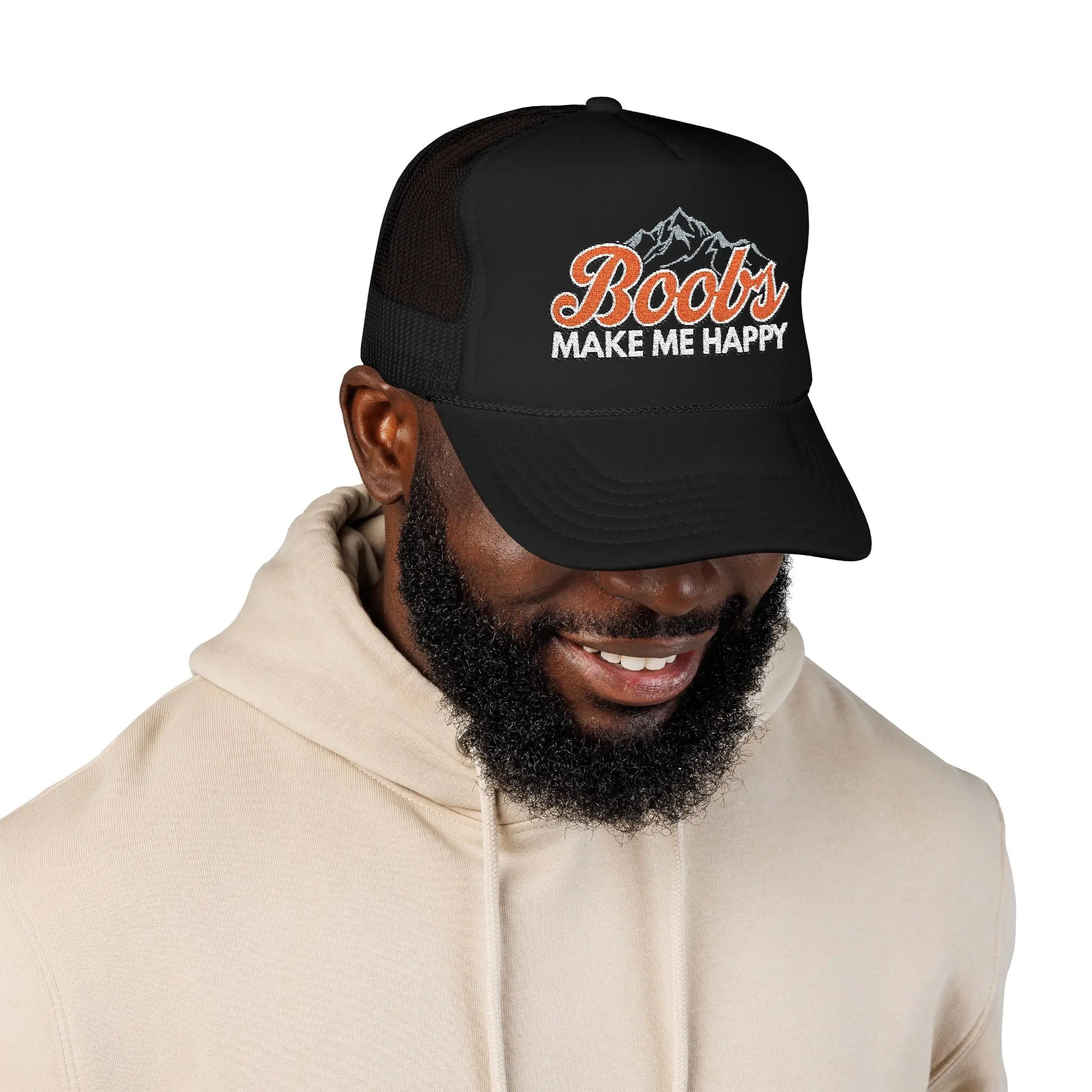 Boobs Make Me Happy Embroidered Trucker Hat Printify