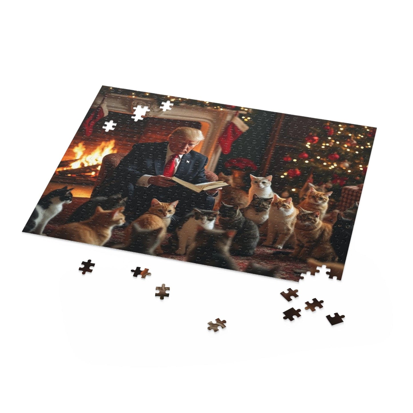 Jigsaw Puzzle, Trump Reading a Christmas Story to Cats Puzzle, 120, 252, 500 Piece Game Gift Set, Holiday Activity, Stress Relief - Galvaleos Galvaleos Galvaleos 10" × 8" (120 pcs) Printify Puzzle Jigsaw Puzzle, Trump Reading a Christmas Story to Cats Puzzle, 120, 252, 500 Piece Game Gift Set, Holiday Activity, Stress Relief