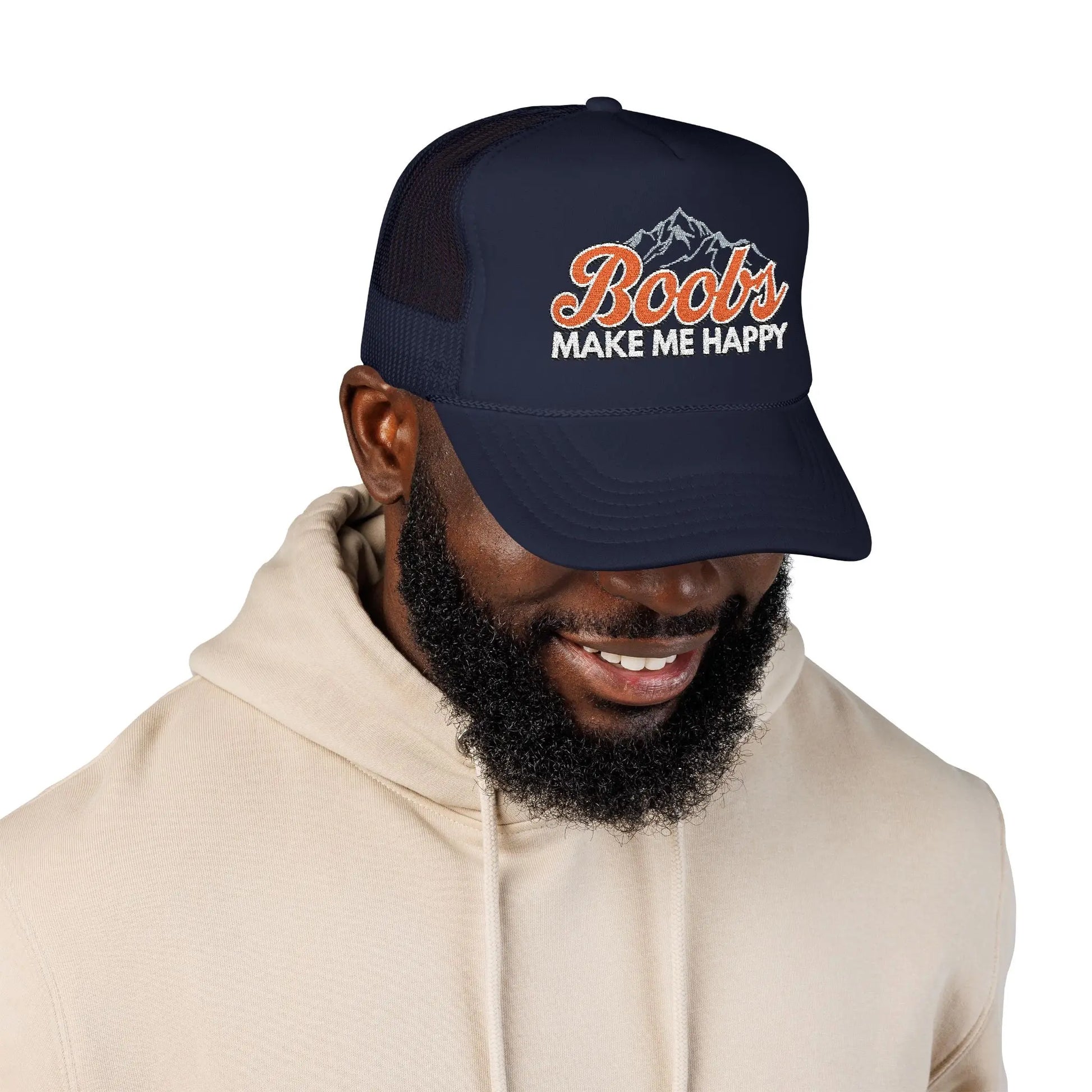 Boobs Make Me Happy Embroidered Trucker Hat Printify