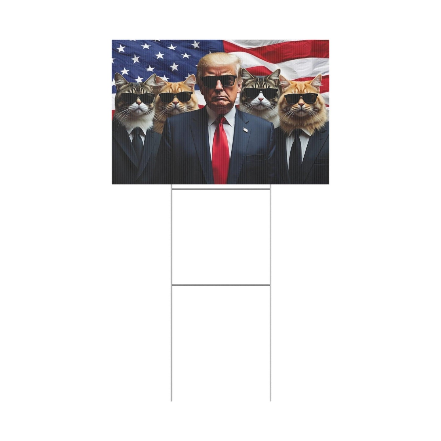 Trump 2024 Cats in Black Plastic Yard Sign, Outdoor Garden Decoration, Political Campaign Sign, Lawn Stake, Patriotic Home Decor, Election - Galvaleos Galvaleos Galvaleos 18″ x 12″ (Horizontal) Printify Home Decor Trump 2024 Cats in Black Plastic Yard Sign, Outdoor Garden Decoration, Political Campaign Sign, Lawn Stake, Patriotic Home Decor, Election