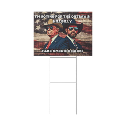 Trump Vance Yard Sign, Trump Vance 2024, Take America Back, Outlaw Hillbilly, Patriotic Sign, MAGA - Galvaleos Galvaleos Galvaleos 18″ x 12″ (Horizontal) Printify Home Decor Trump Vance Yard Sign, Trump Vance 2024, Take America Back, Outlaw Hillbilly, Patriotic Sign, MAGA