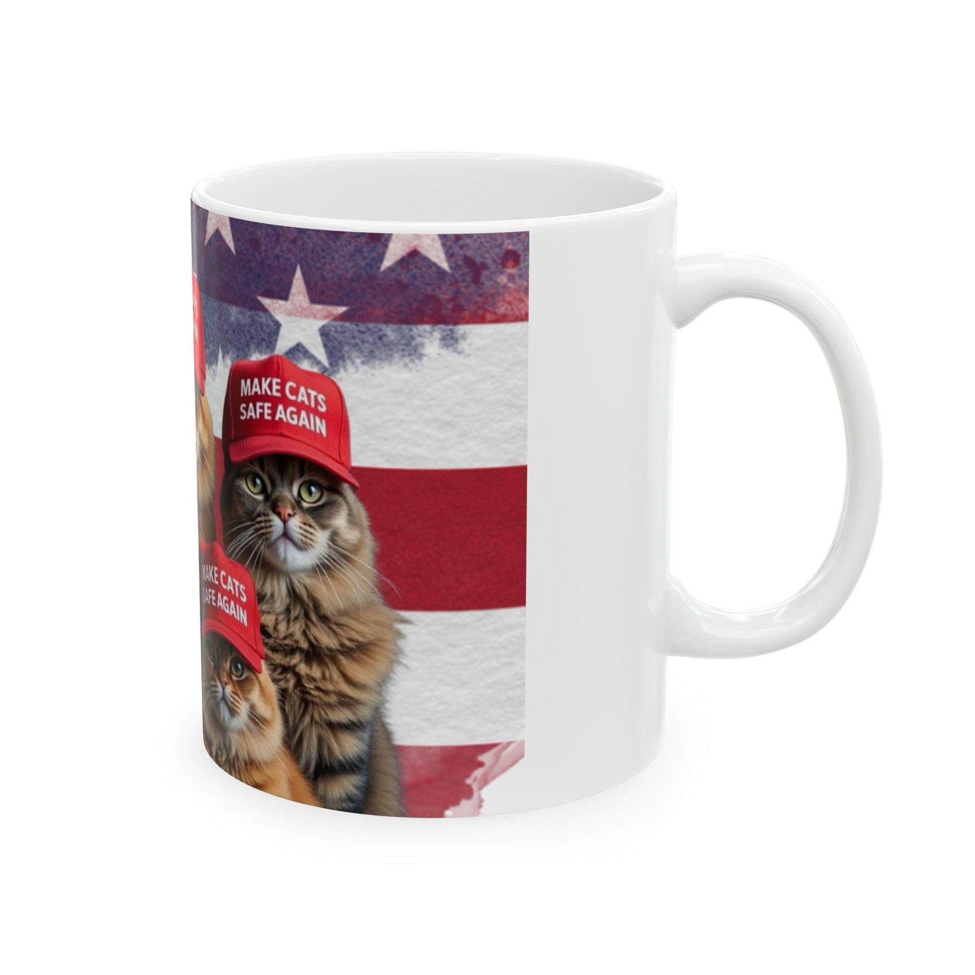 Patriotic Ceramic Mug, Make Cats Safe Again for Trump, USA, Gift for Cat Lovers, Political Mug, Patriotic Gift, Political Gift, American - Galvaleos Galvaleos Galvaleos 11oz Printify Mug Patriotic Ceramic Mug, Make Cats Safe Again for Trump, USA, Gift for Cat Lovers, Political Mug, Patriotic Gift, Political Gift, American