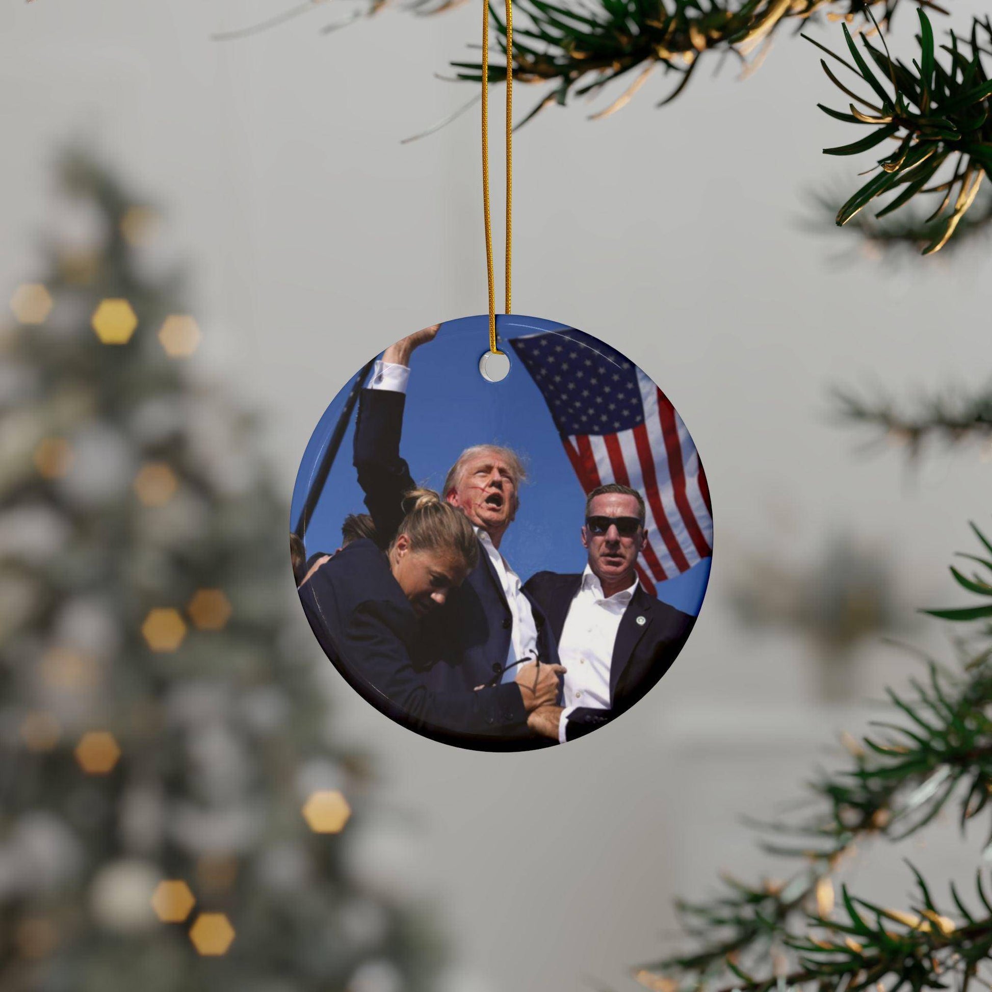 Ceramic Ornaments - Trump FIGHT Iconic Photo MAGA Christmas Ornament Gift, 2-Sided Print Holiday Decor, 1pc 3pcs 5pcs 10pcs - Galvaleos Galvaleos Galvaleos Circle / 3 pcs / One size Printify Home Decor Ceramic Ornaments - Trump FIGHT Iconic Photo MAGA Christmas Ornament Gift, 2-Sided Print Holiday Decor, 1pc 3pcs 5pcs 10pcs