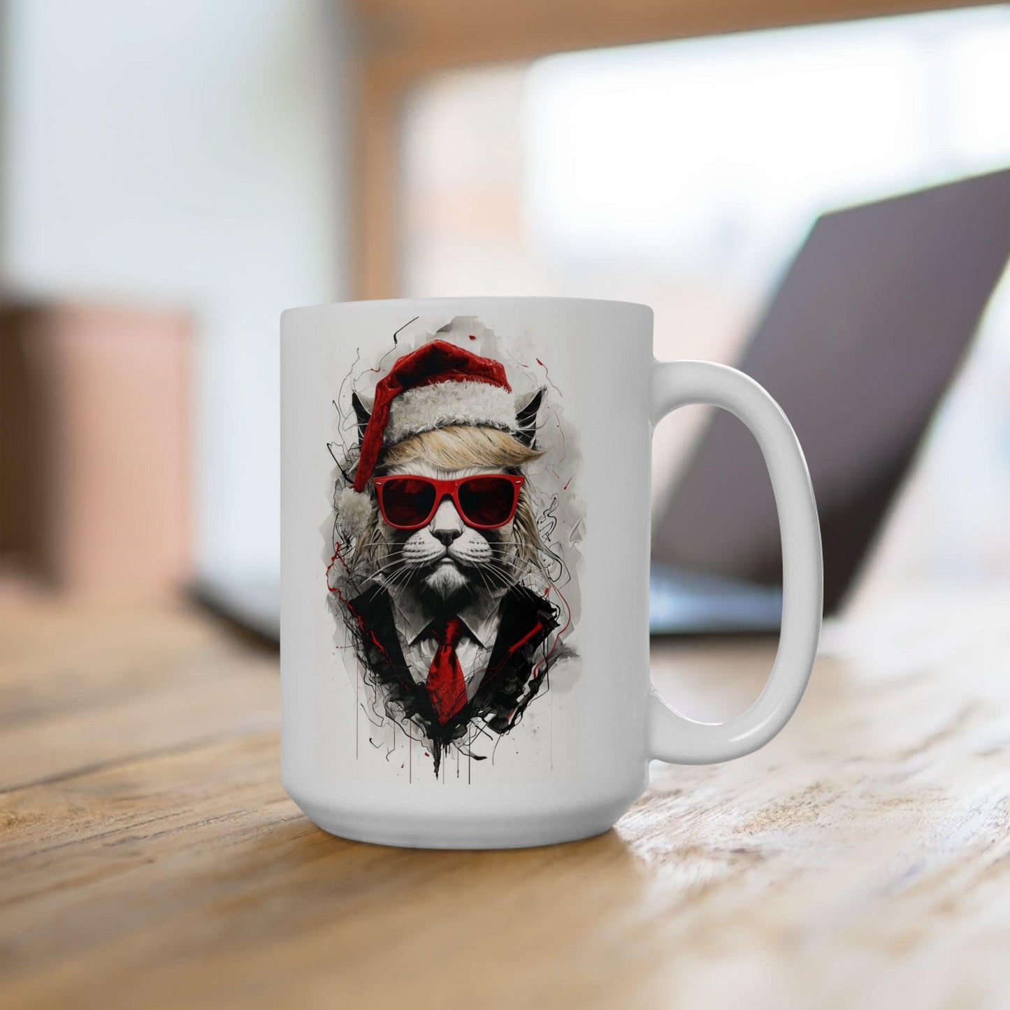 Trump MAGA Cat Santa Hat Christmas Ceramic Mug, Funny Holiday Coffee Cup, Patriotic Kitten Gift, Republican Tea Mug, Conservative Animal - Galvaleos Galvaleos Galvaleos 15oz Printify Mug Trump MAGA Cat Santa Hat Christmas Ceramic Mug, Funny Holiday Coffee Cup, Patriotic Kitten Gift, Republican Tea Mug, Conservative Animal