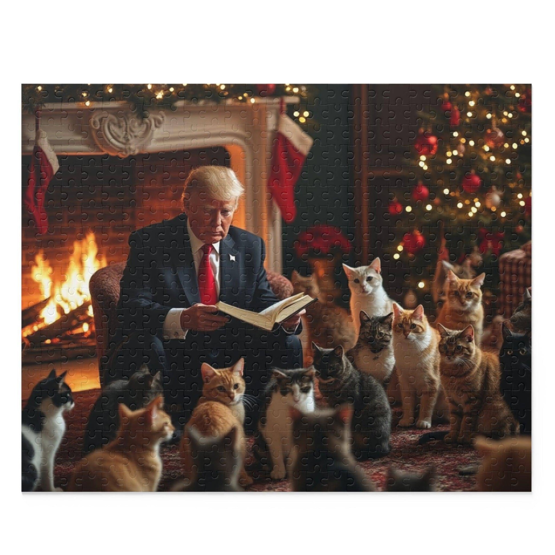 Jigsaw Puzzle, Trump Reading a Christmas Story to Cats Puzzle, 120, 252, 500 Piece Game Gift Set, Holiday Activity, Stress Relief - Galvaleos Galvaleos Galvaleos 10" × 8" (120 pcs) Printify Puzzle Jigsaw Puzzle, Trump Reading a Christmas Story to Cats Puzzle, 120, 252, 500 Piece Game Gift Set, Holiday Activity, Stress Relief