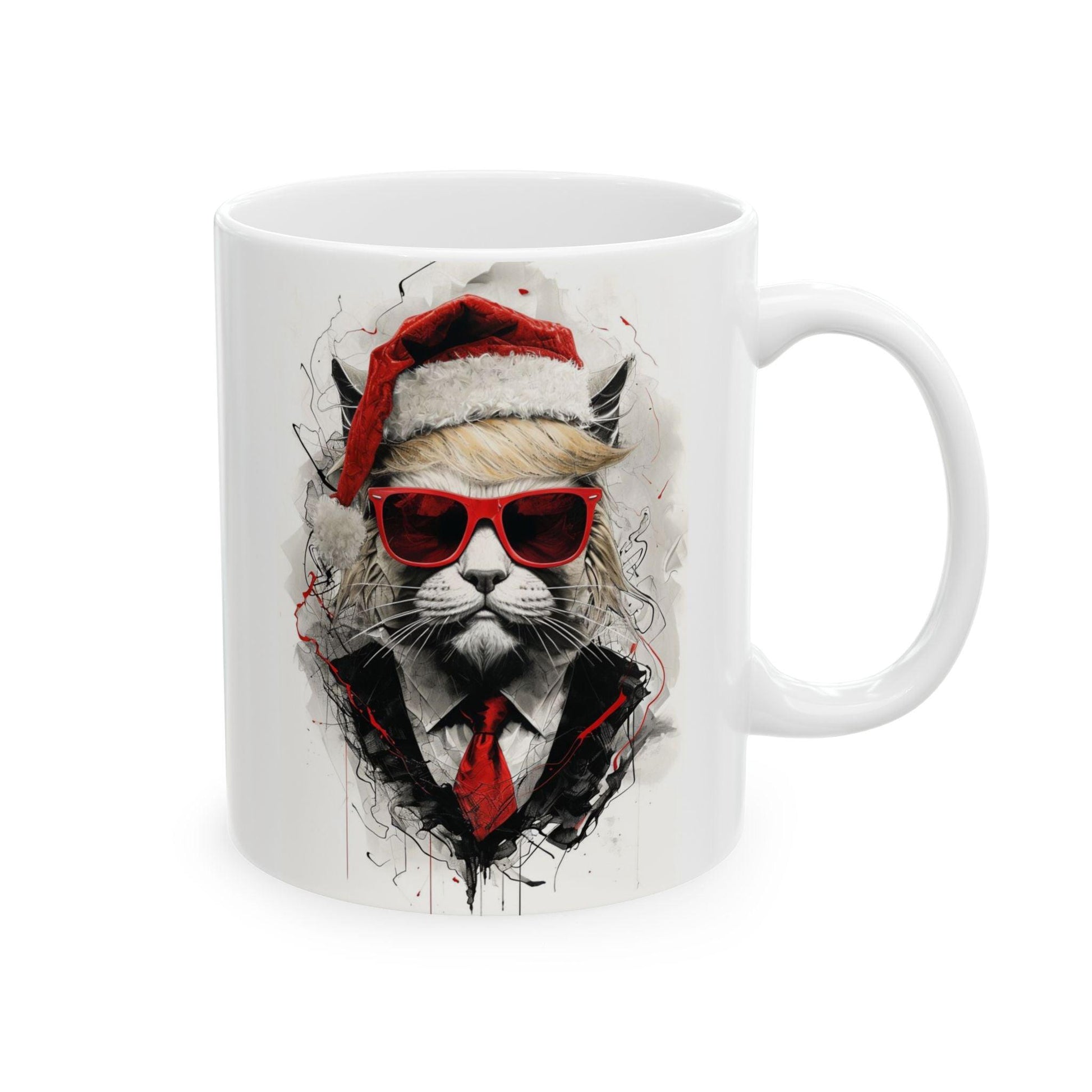 Trump MAGA Cat Santa Hat Christmas Ceramic Mug, Funny Holiday Coffee Cup, Patriotic Kitten Gift, Republican Tea Mug, Conservative Animal - Galvaleos Galvaleos Galvaleos 11oz Printify Mug Trump MAGA Cat Santa Hat Christmas Ceramic Mug, Funny Holiday Coffee Cup, Patriotic Kitten Gift, Republican Tea Mug, Conservative Animal