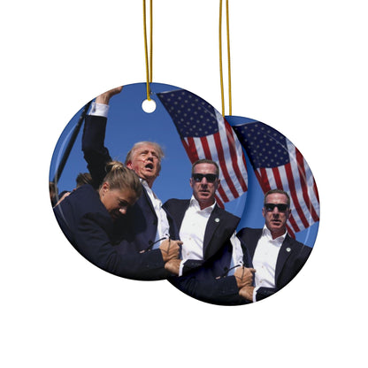 Ceramic Ornaments - Trump FIGHT Iconic Photo MAGA Christmas Ornament Gift, 2-Sided Print Holiday Decor, 1pc 3pcs 5pcs 10pcs - Galvaleos Galvaleos Galvaleos Circle / 1 pc / One size Printify Home Decor Ceramic Ornaments - Trump FIGHT Iconic Photo MAGA Christmas Ornament Gift, 2-Sided Print Holiday Decor, 1pc 3pcs 5pcs 10pcs