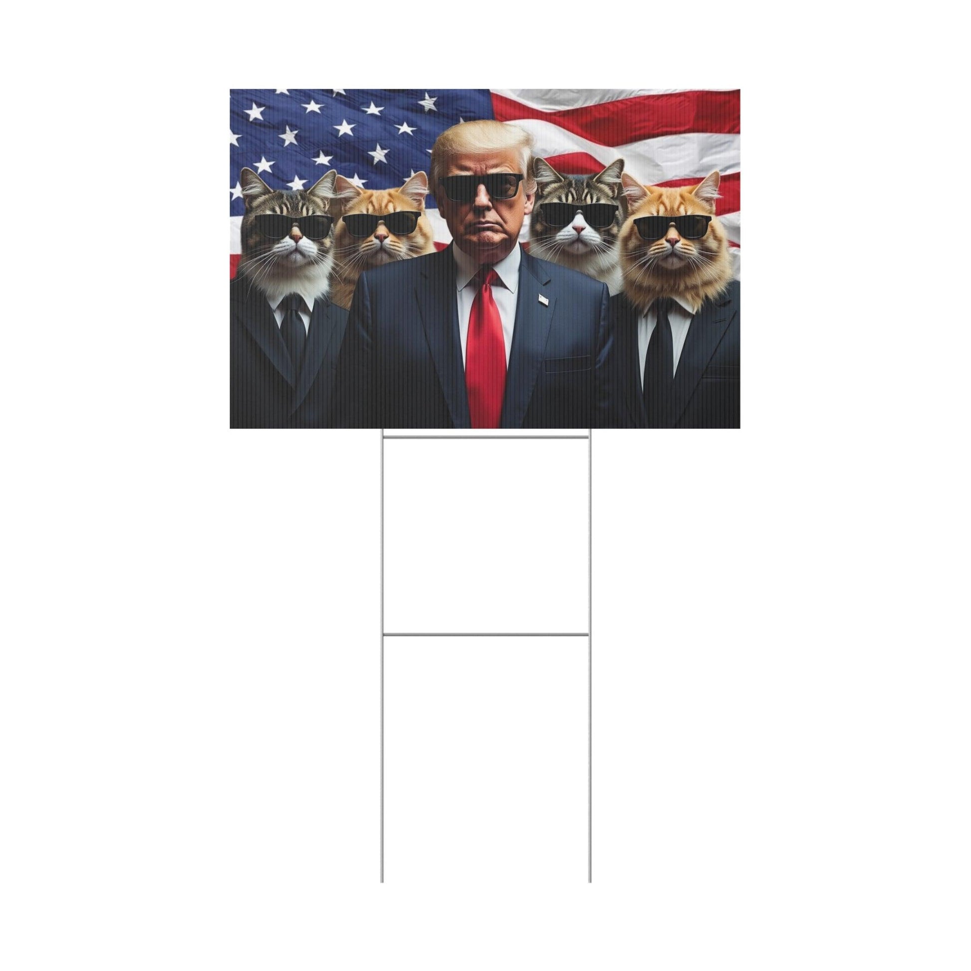 Trump 2024 Cats in Black Plastic Yard Sign, Outdoor Garden Decoration, Political Campaign Sign, Lawn Stake, Patriotic Home Decor, Election - Galvaleos Galvaleos Galvaleos 18″ x 12″ (Horizontal) Printify Home Decor Trump 2024 Cats in Black Plastic Yard Sign, Outdoor Garden Decoration, Political Campaign Sign, Lawn Stake, Patriotic Home Decor, Election