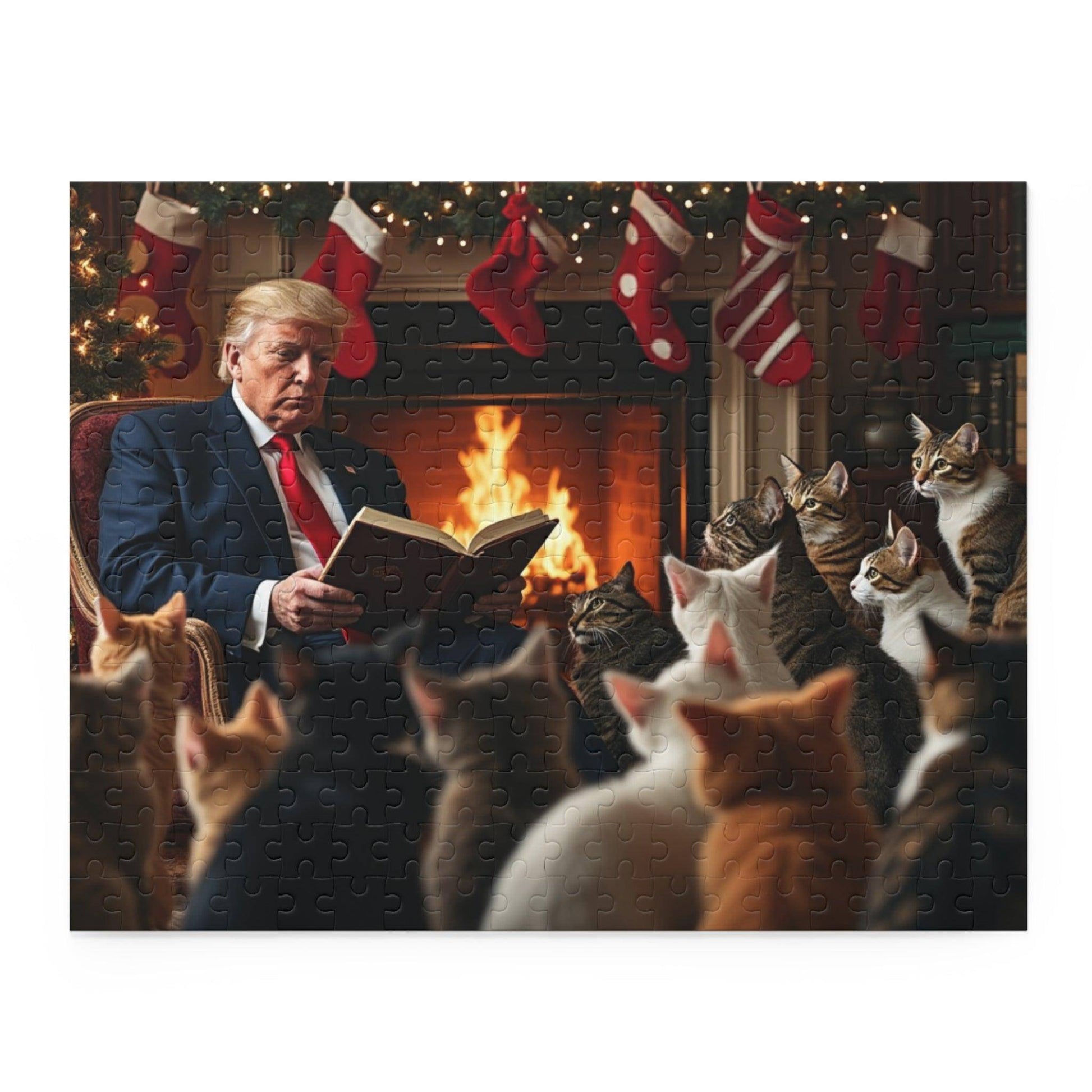 Jigsaw Puzzle, Trump Christmas Story Cats Fireplace Stockings, 120, 252, 500 Piece, Holiday Gift, Relaxing Activity, Home Decor - Galvaleos Galvaleos Galvaleos 14" × 11" (252 pcs) Printify Puzzle Jigsaw Puzzle, Trump Christmas Story Cats Fireplace Stockings, 120, 252, 500 Piece, Holiday Gift, Relaxing Activity, Home Decor