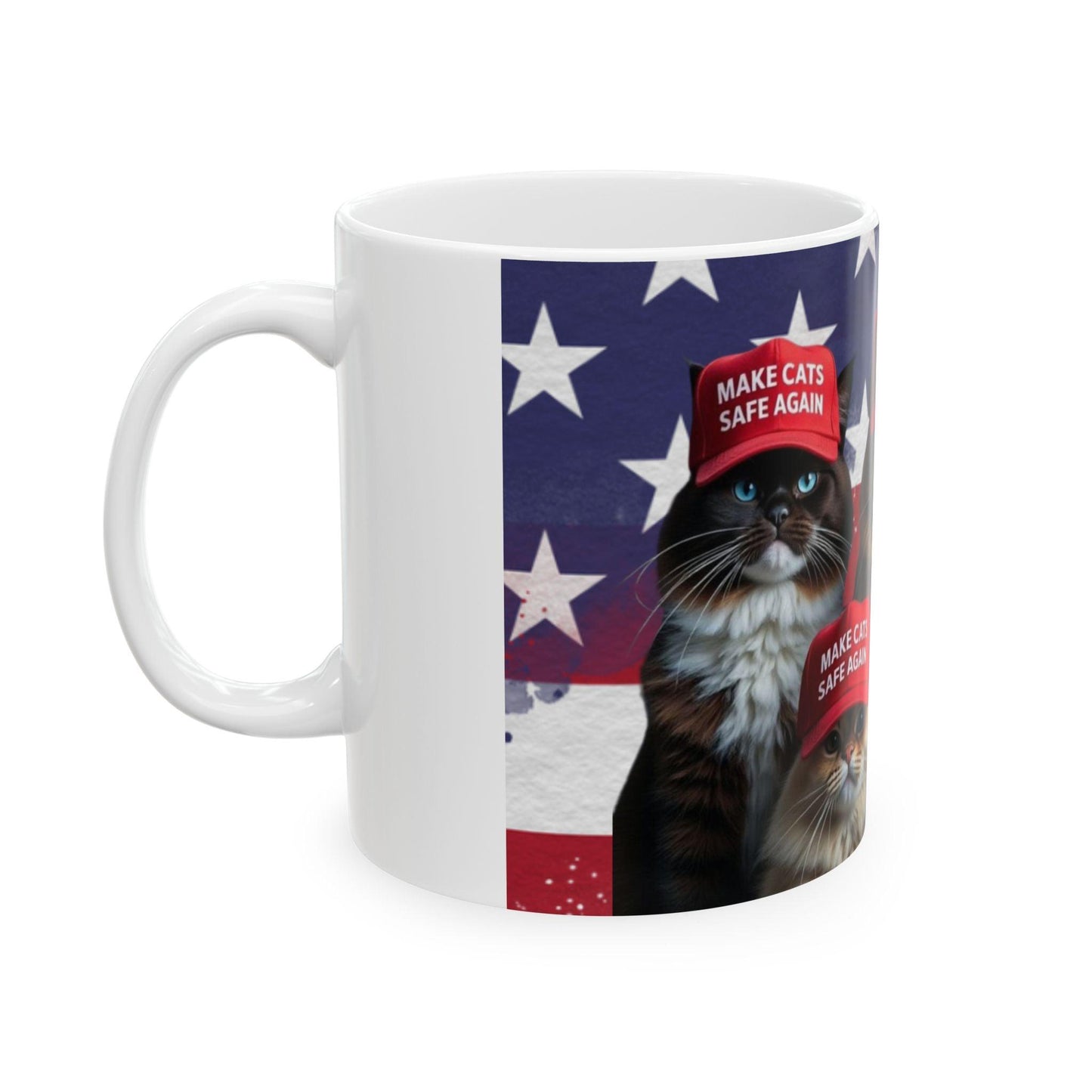 Patriotic Ceramic Mug, Make Cats Safe Again for Trump, USA, Gift for Cat Lovers, Political Mug, Patriotic Gift, Political Gift, American - Galvaleos Galvaleos Galvaleos 11oz Printify Mug Patriotic Ceramic Mug, Make Cats Safe Again for Trump, USA, Gift for Cat Lovers, Political Mug, Patriotic Gift, Political Gift, American