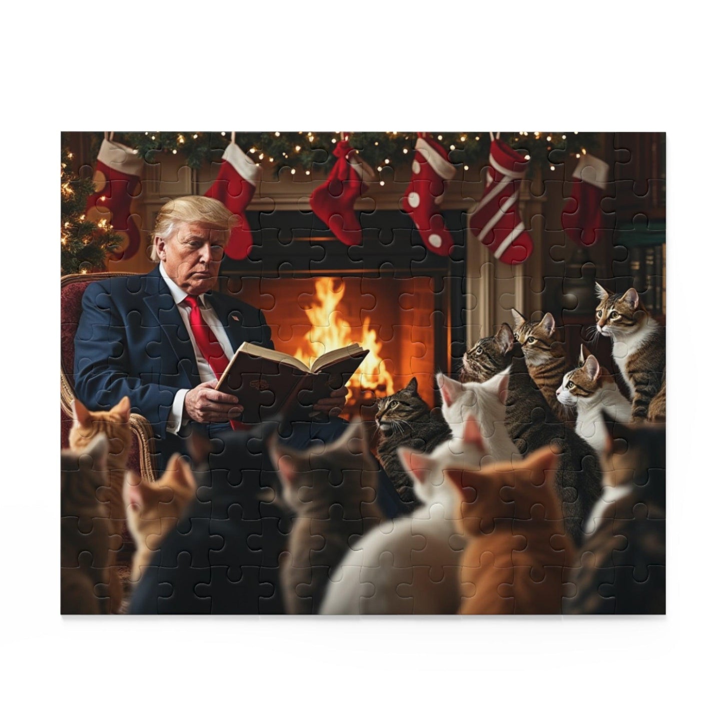 Jigsaw Puzzle, Trump Christmas Story Cats Fireplace Stockings, 120, 252, 500 Piece, Holiday Gift, Relaxing Activity, Home Decor - Galvaleos Galvaleos Galvaleos 10" × 8" (120 pcs) Printify Puzzle Jigsaw Puzzle, Trump Christmas Story Cats Fireplace Stockings, 120, 252, 500 Piece, Holiday Gift, Relaxing Activity, Home Decor