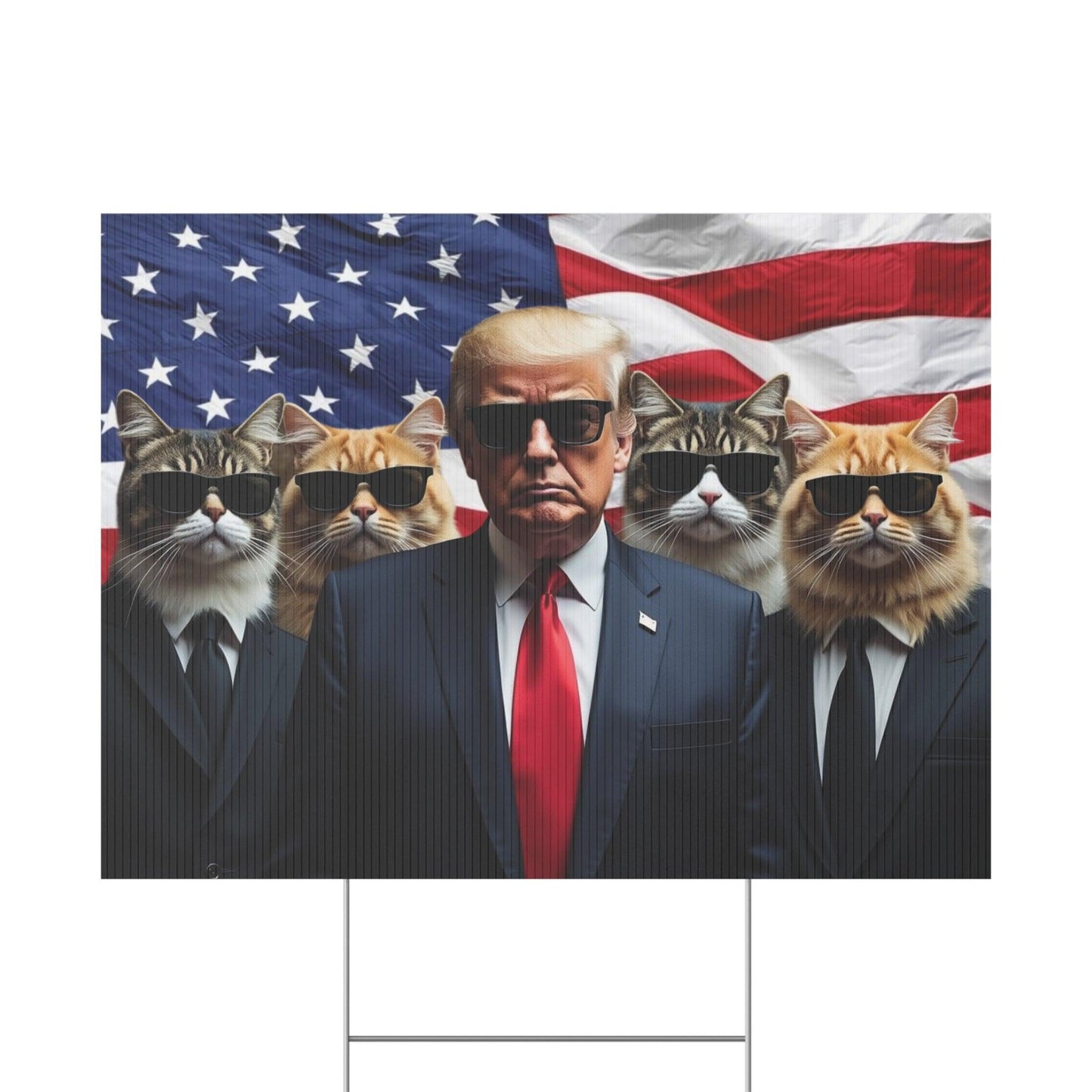 Trump 2024 Cats in Black Plastic Yard Sign, Outdoor Garden Decoration, Political Campaign Sign, Lawn Stake, Patriotic Home Decor, Election - Galvaleos Galvaleos Galvaleos 18″ x 12″ (Horizontal) Printify Home Decor Trump 2024 Cats in Black Plastic Yard Sign, Outdoor Garden Decoration, Political Campaign Sign, Lawn Stake, Patriotic Home Decor, Election