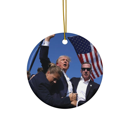 Ceramic Ornaments - Trump FIGHT Iconic Photo MAGA Christmas Ornament Gift, 2-Sided Print Holiday Decor, 1pc 3pcs 5pcs 10pcs - Galvaleos Galvaleos Galvaleos Circle / 1 pc / One size Printify Home Decor Ceramic Ornaments - Trump FIGHT Iconic Photo MAGA Christmas Ornament Gift, 2-Sided Print Holiday Decor, 1pc 3pcs 5pcs 10pcs