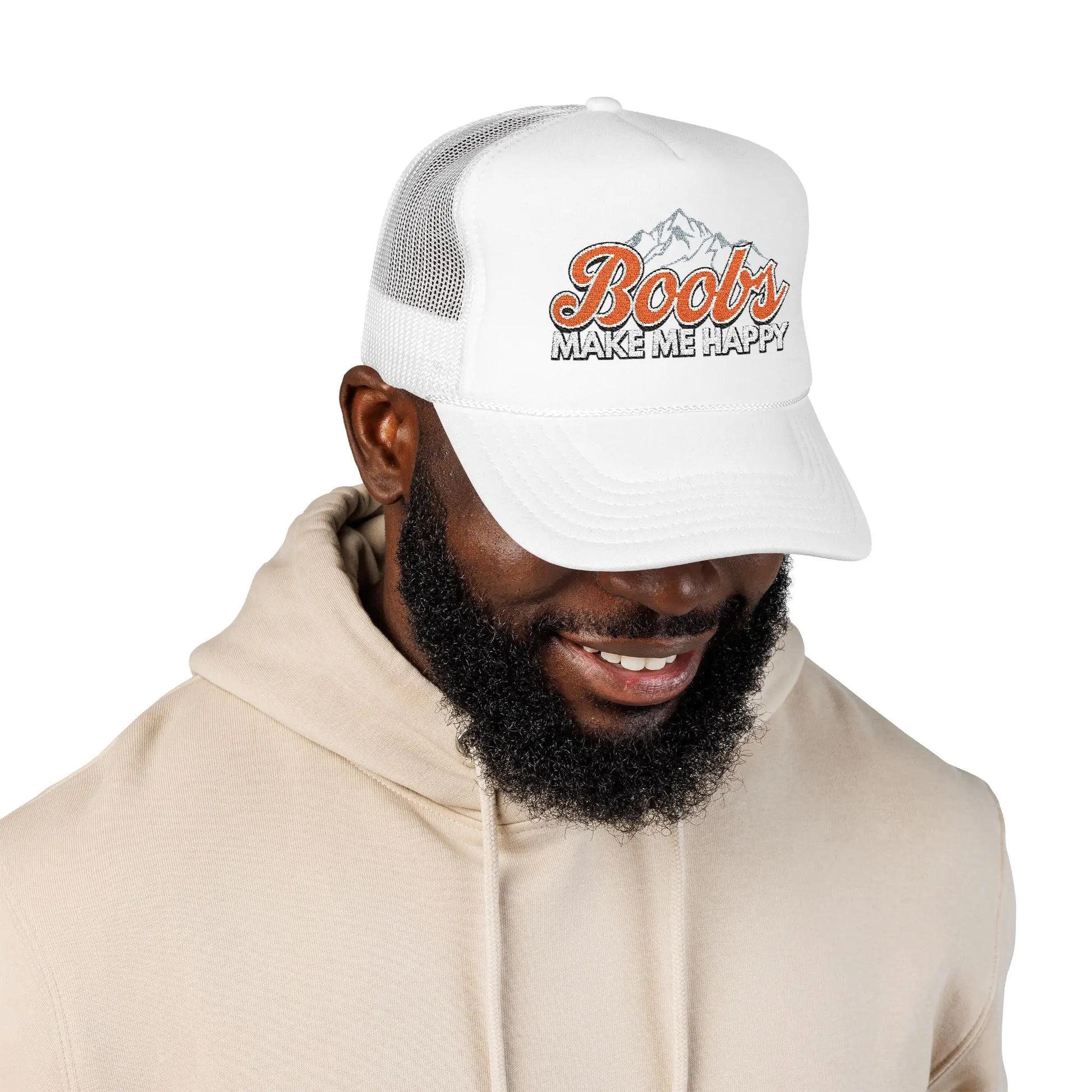 Boobs Make Me Happy Embroidered Trucker Hat Printify