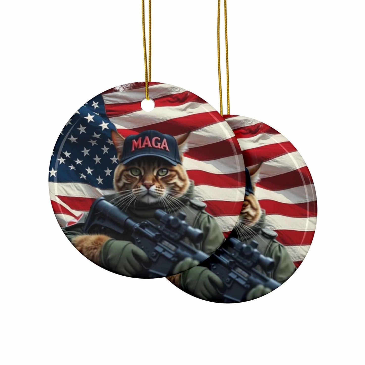 MAGA Cat President Trump America First Cat Lover Ornament, 2-Side Print, (1pc, 3pcs, 5pcs, 10pcs), Holiday Home Decor, Ceramic ornament - Galvaleos Galvaleos Galvaleos Circle / 1 pc / One size Printify Home Decor MAGA Cat President Trump America First Cat Lover Ornament, 2-Side Print, (1pc, 3pcs, 5pcs, 10pcs), Holiday Home Decor, Ceramic ornament