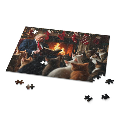 Jigsaw Puzzle, Trump Christmas Story Cats Fireplace Stockings, 120, 252, 500 Piece, Holiday Gift, Relaxing Activity, Home Decor - Galvaleos Galvaleos Galvaleos 10" × 8" (120 pcs) Printify Puzzle Jigsaw Puzzle, Trump Christmas Story Cats Fireplace Stockings, 120, 252, 500 Piece, Holiday Gift, Relaxing Activity, Home Decor