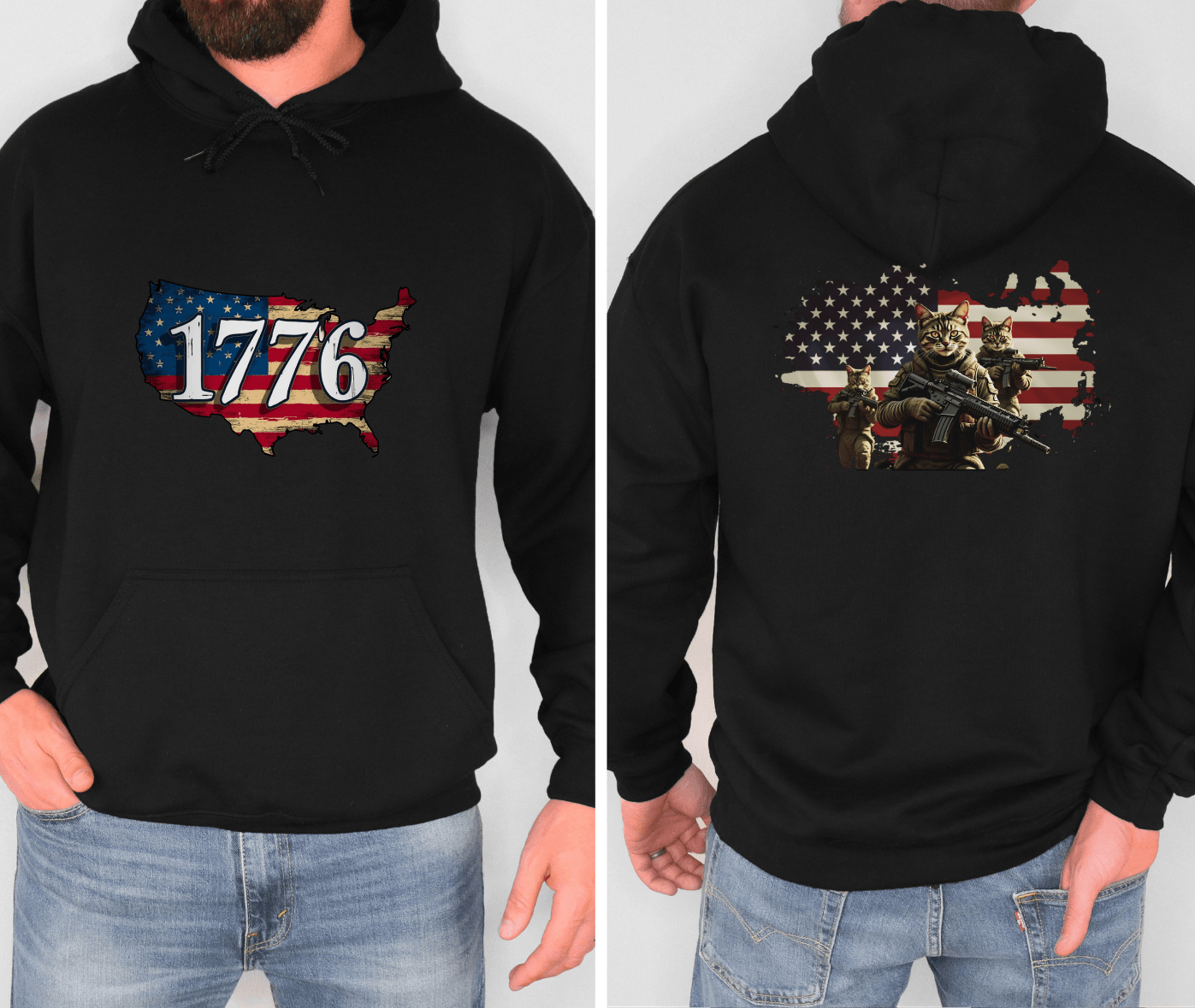 1776 Military Cats Hoodie, USA, Patriotic, American Independence Day Gift, Veterans Day Apparel - Galvaleos Galvaleos Galvaleos Dark Heather / S Printify Hoodie 1776 Military Cats Hoodie, USA, Patriotic, American Independence Day Gift, Veterans Day Apparel