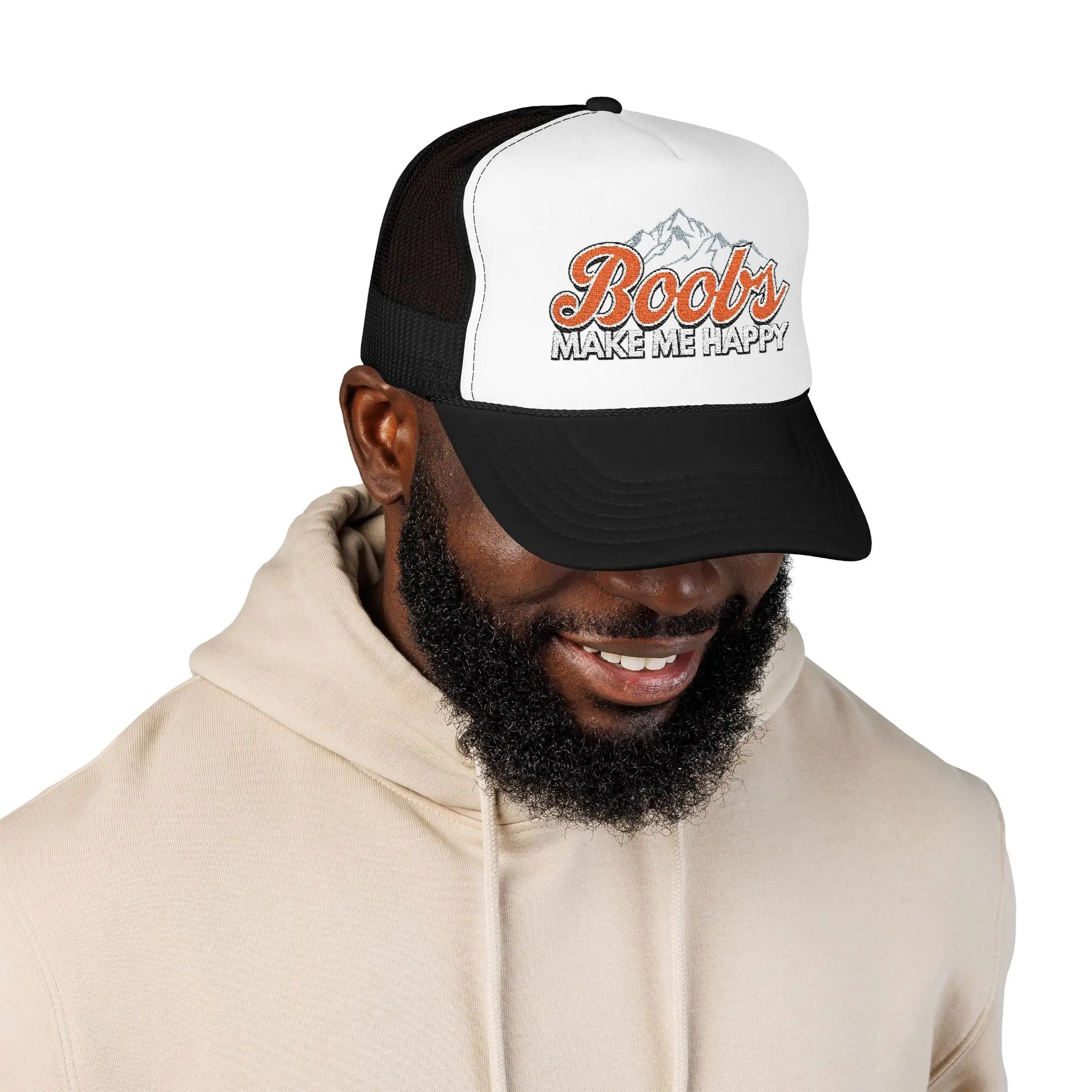 Boobs Make Me Happy Embroidered Trucker Hat Printify