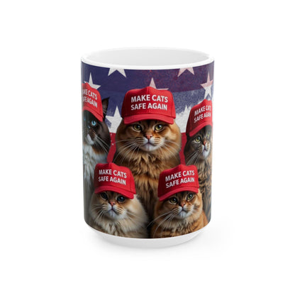 Patriotic Ceramic Mug, Make Cats Safe Again for Trump, USA, Gift for Cat Lovers, Political Mug, Patriotic Gift, Political Gift, American - Galvaleos Galvaleos Galvaleos 15oz Printify Mug Patriotic Ceramic Mug, Make Cats Safe Again for Trump, USA, Gift for Cat Lovers, Political Mug, Patriotic Gift, Political Gift, American