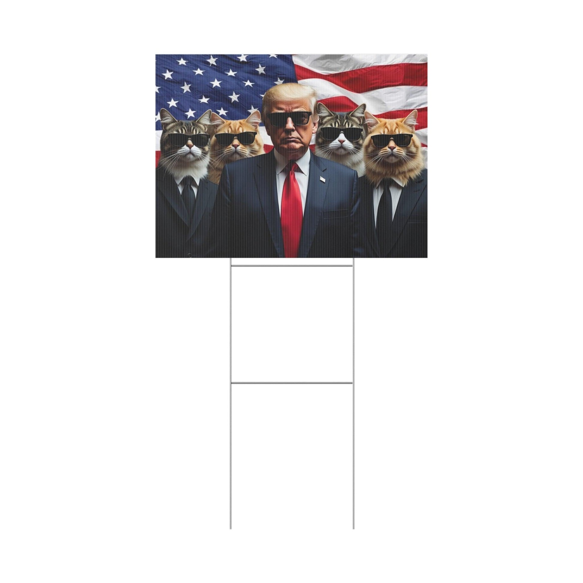 Trump 2024 Cats in Black Plastic Yard Sign, Outdoor Garden Decoration, Political Campaign Sign, Lawn Stake, Patriotic Home Decor, Election - Galvaleos Galvaleos Galvaleos 18″ x 12″ (Horizontal) Printify Home Decor Trump 2024 Cats in Black Plastic Yard Sign, Outdoor Garden Decoration, Political Campaign Sign, Lawn Stake, Patriotic Home Decor, Election