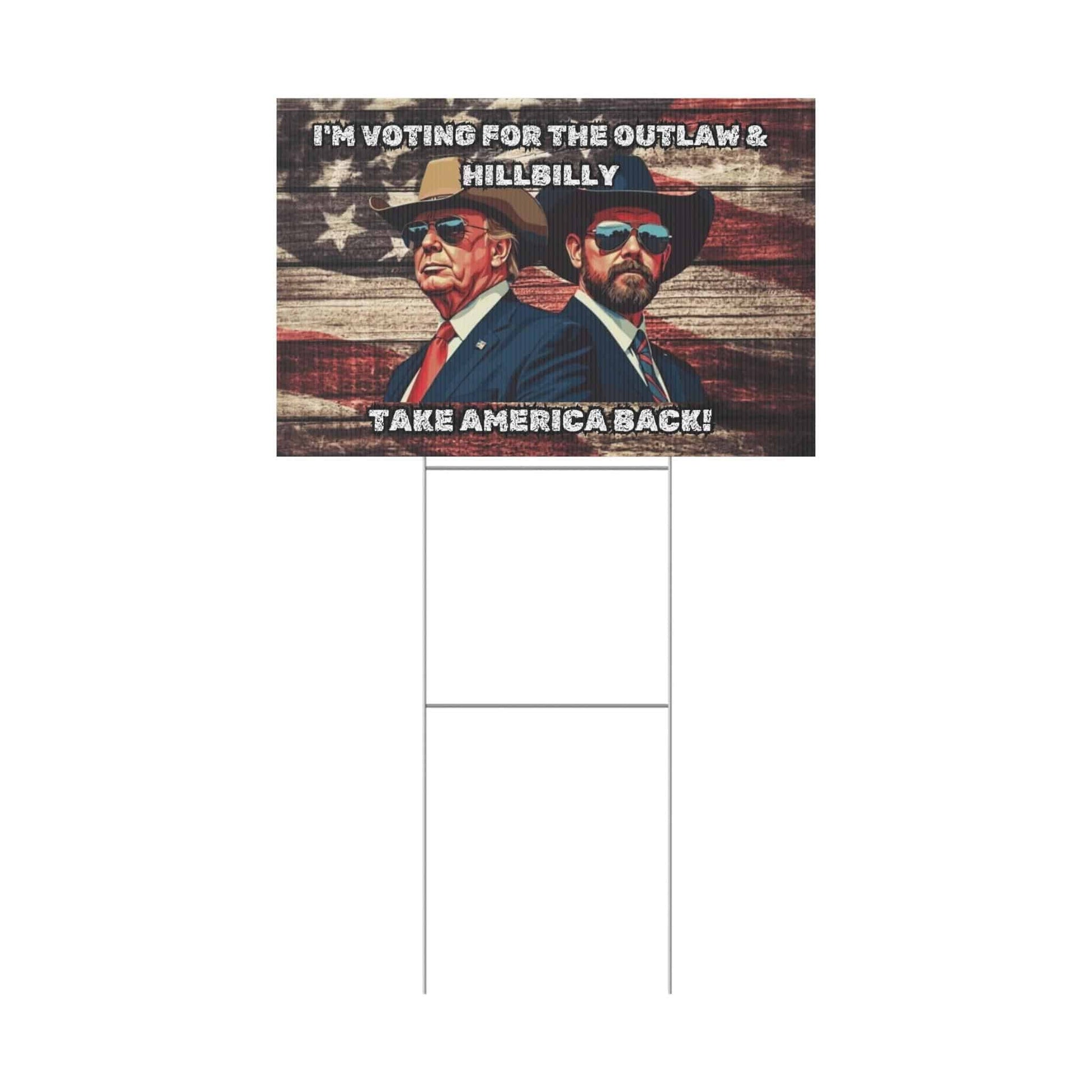 Trump Vance Yard Sign, Trump Vance 2024, Take America Back, Outlaw Hillbilly, Patriotic Sign, MAGA - Galvaleos Galvaleos Galvaleos 18″ x 12″ (Horizontal) Printify Home Decor Trump Vance Yard Sign, Trump Vance 2024, Take America Back, Outlaw Hillbilly, Patriotic Sign, MAGA