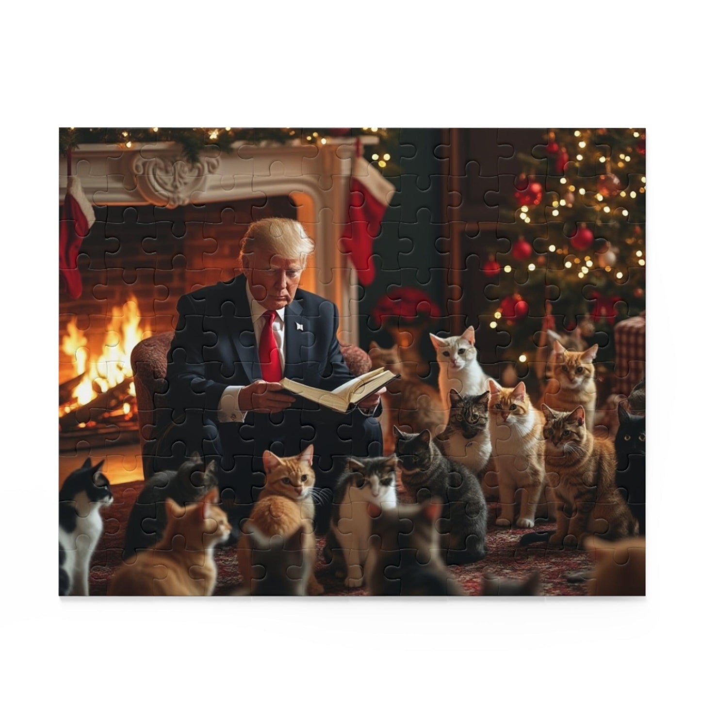 Jigsaw Puzzle, Trump Reading a Christmas Story to Cats Puzzle, 120, 252, 500 Piece Game Gift Set, Holiday Activity, Stress Relief - Galvaleos Galvaleos Galvaleos 10" × 8" (120 pcs) Printify Puzzle Jigsaw Puzzle, Trump Reading a Christmas Story to Cats Puzzle, 120, 252, 500 Piece Game Gift Set, Holiday Activity, Stress Relief