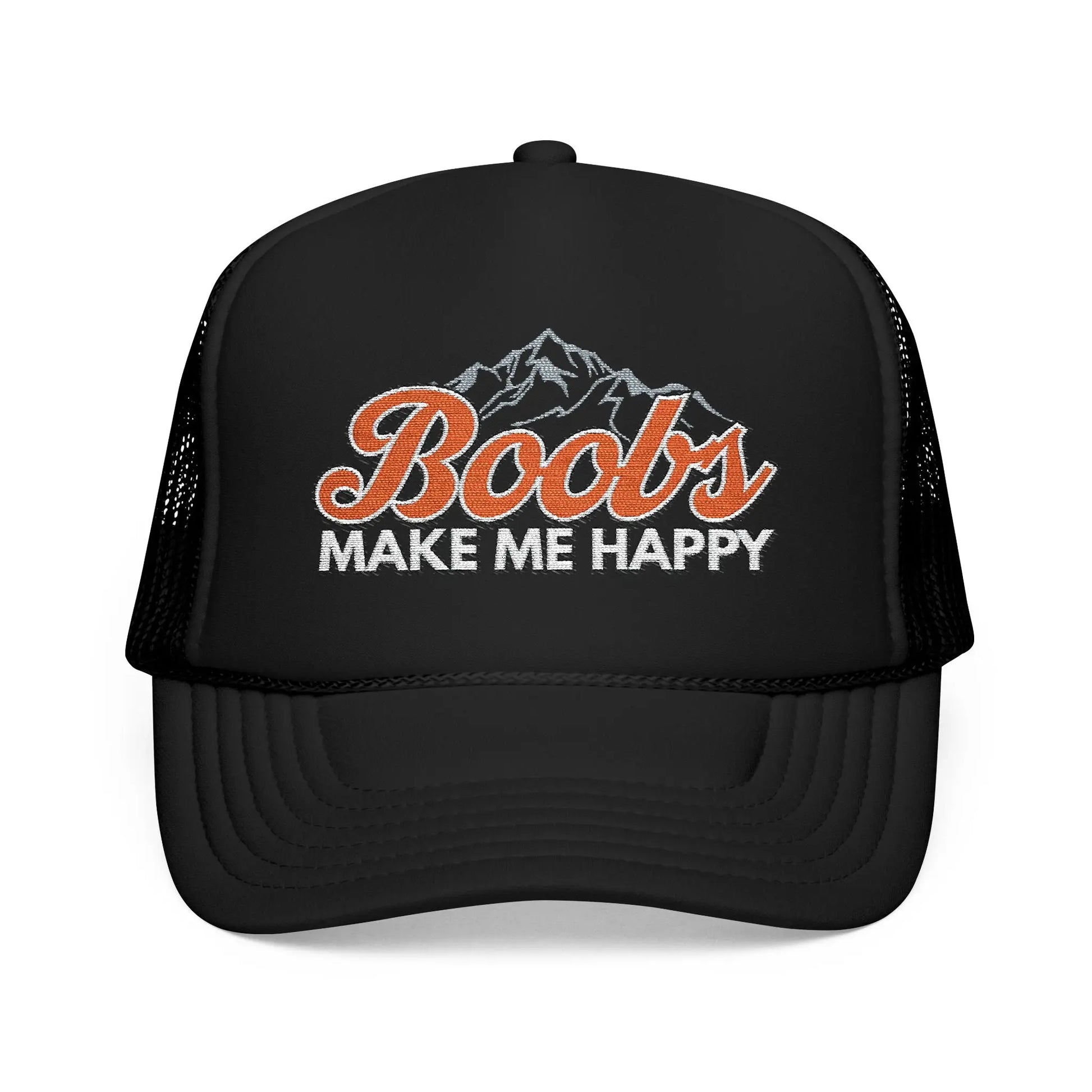Boobs Make Me Happy Embroidered Trucker Hat Printify