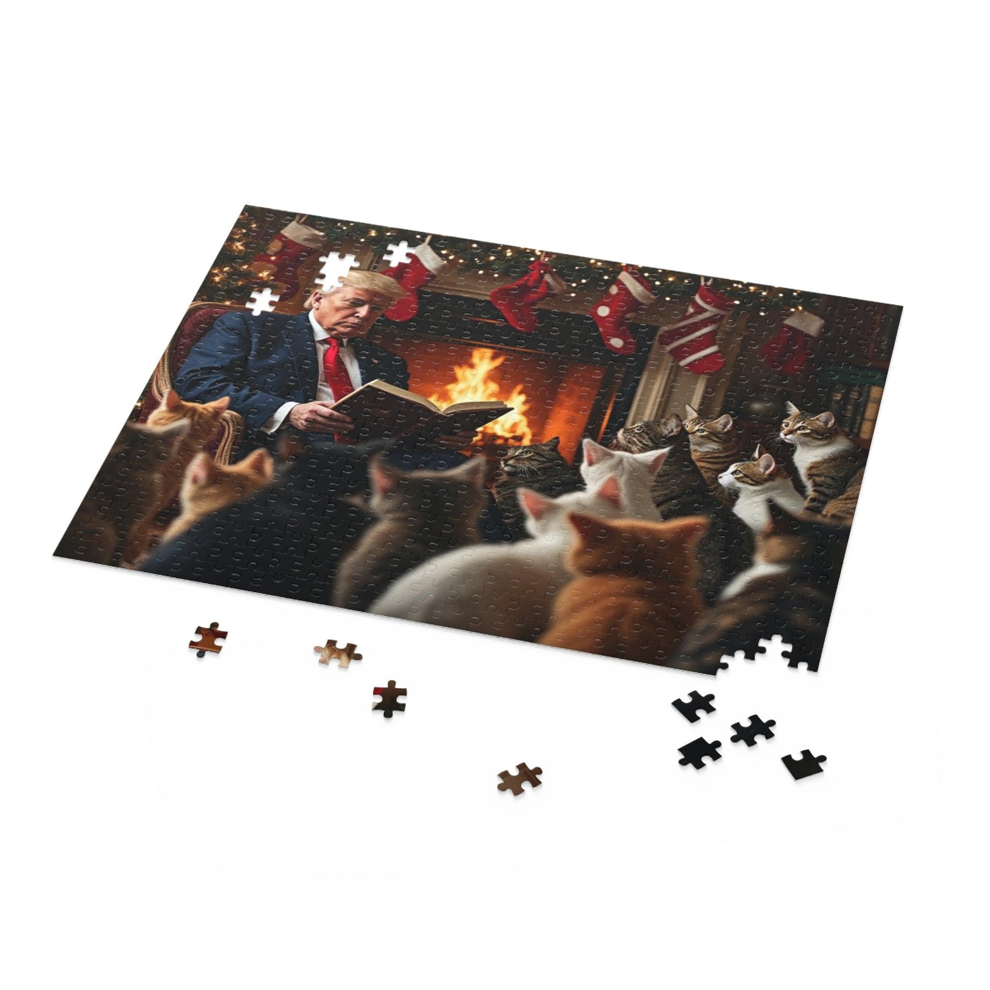 Jigsaw Puzzle, Trump Christmas Story Cats Fireplace Stockings, 120, 252, 500 Piece, Holiday Gift, Relaxing Activity, Home Decor - Galvaleos Galvaleos Galvaleos 10" × 8" (120 pcs) Printify Puzzle Jigsaw Puzzle, Trump Christmas Story Cats Fireplace Stockings, 120, 252, 500 Piece, Holiday Gift, Relaxing Activity, Home Decor