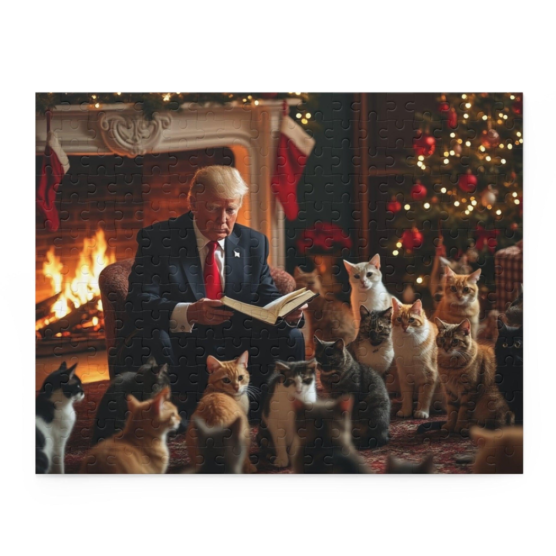 Jigsaw Puzzle, Trump Reading a Christmas Story to Cats Puzzle, 120, 252, 500 Piece Game Gift Set, Holiday Activity, Stress Relief - Galvaleos Galvaleos Galvaleos 14" × 11" (252 pcs) Printify Puzzle Jigsaw Puzzle, Trump Reading a Christmas Story to Cats Puzzle, 120, 252, 500 Piece Game Gift Set, Holiday Activity, Stress Relief