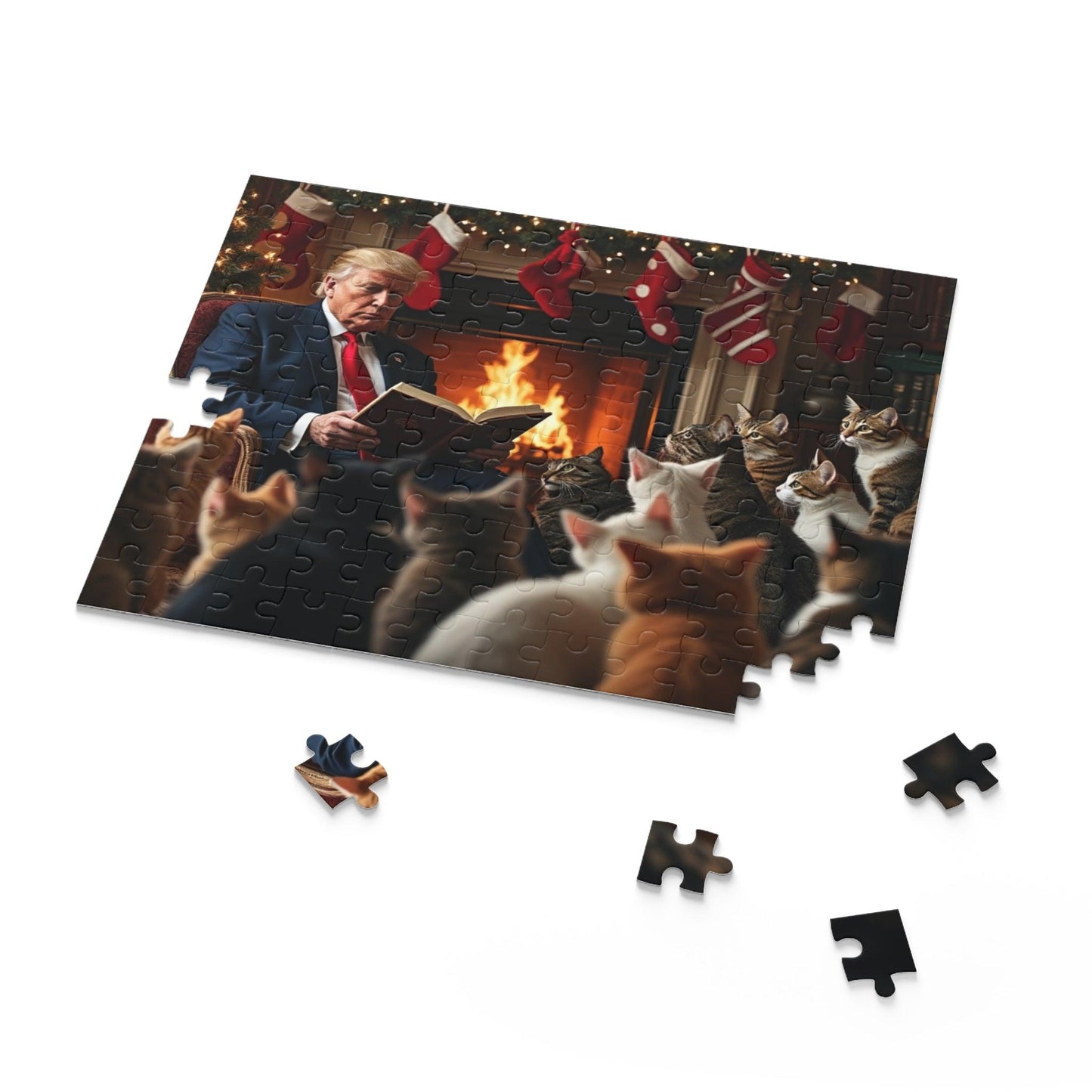 Jigsaw Puzzle, Trump Christmas Story Cats Fireplace Stockings, 120, 252, 500 Piece, Holiday Gift, Relaxing Activity, Home Decor - Galvaleos Galvaleos Galvaleos 10" × 8" (120 pcs) Printify Puzzle Jigsaw Puzzle, Trump Christmas Story Cats Fireplace Stockings, 120, 252, 500 Piece, Holiday Gift, Relaxing Activity, Home Decor