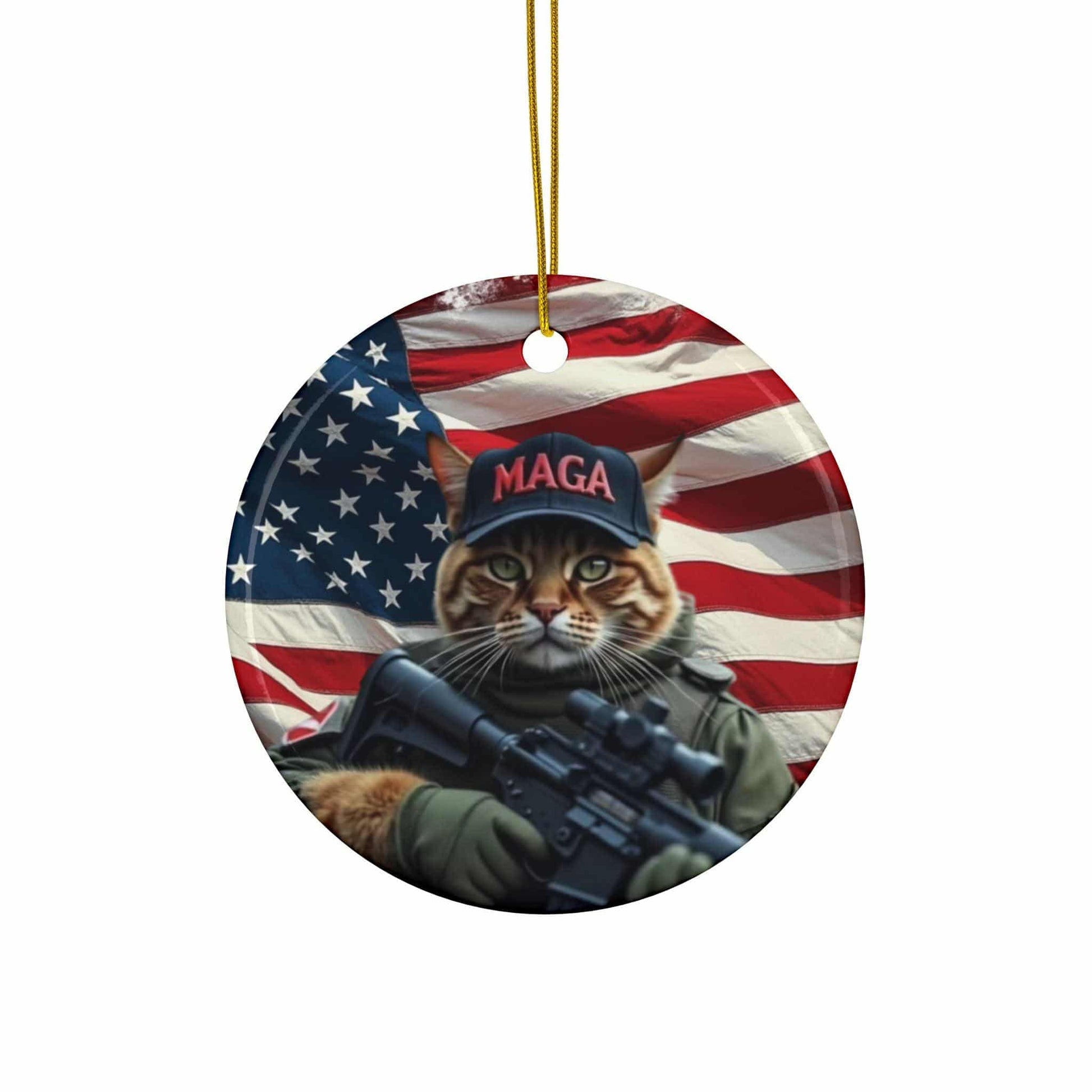 MAGA Cat President Trump America First Cat Lover Ornament, 2-Side Print, (1pc, 3pcs, 5pcs, 10pcs), Holiday Home Decor, Ceramic ornament - Galvaleos Galvaleos Galvaleos Circle / 10 pcs / One size Printify Home Decor MAGA Cat President Trump America First Cat Lover Ornament, 2-Side Print, (1pc, 3pcs, 5pcs, 10pcs), Holiday Home Decor, Ceramic ornament