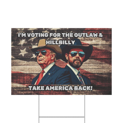 Trump Vance Yard Sign, Trump Vance 2024, Take America Back, Outlaw Hillbilly, Patriotic Sign, MAGA - Galvaleos Galvaleos Galvaleos 18″ x 12″ (Horizontal) Printify Home Decor Trump Vance Yard Sign, Trump Vance 2024, Take America Back, Outlaw Hillbilly, Patriotic Sign, MAGA