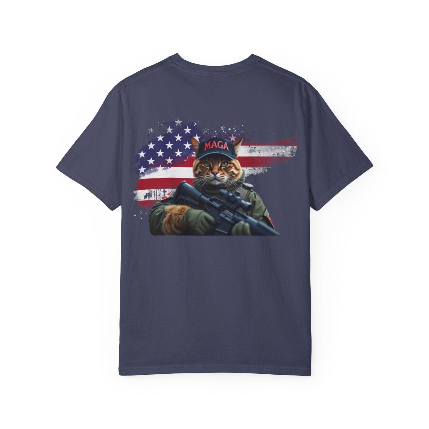 Comfort Colors Patriotic Military Cat Unisex Garment-Dyed T-shirt, MAGA Trump Tee, American Flag Shirt, USA Patriotic Apparel - Galvaleos Galvaleos Galvaleos Black / S Printify T-Shirt Comfort Colors Patriotic Military Cat Unisex Garment-Dyed T-shirt, MAGA Trump Tee, American Flag Shirt, USA Patriotic Apparel