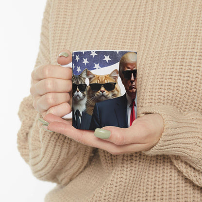 Cats in Black with President Trump, MAGA Cat Lover Mug - Galvaleos Galvaleos Galvaleos 11oz Printify Mug Cats in Black with President Trump, MAGA Cat Lover Mug