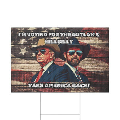 Trump Vance Yard Sign, Trump Vance 2024, Take America Back, Outlaw Hillbilly, Patriotic Sign, MAGA - Galvaleos Galvaleos Galvaleos 36″ x 24″ (Horizontal) Printify Home Decor Trump Vance Yard Sign, Trump Vance 2024, Take America Back, Outlaw Hillbilly, Patriotic Sign, MAGA