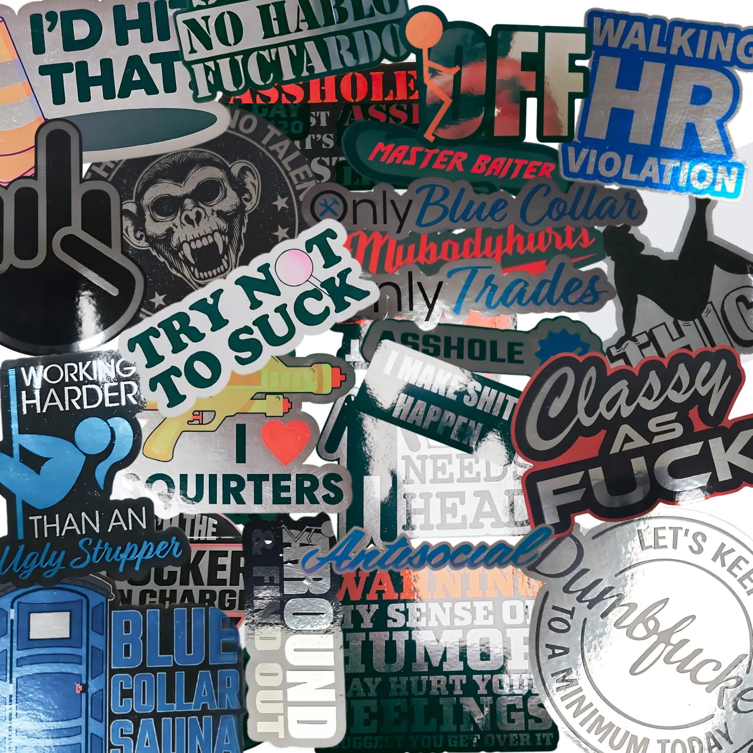 Chrome Hard Hat Stickers for Adults - 30 Pcs, Funny (Dirty) for Water Bottle, Laptop, Helmet, Cars, Tool Box, Cars - Blue Collar Stickers for Men, Waterproof Galvaleos